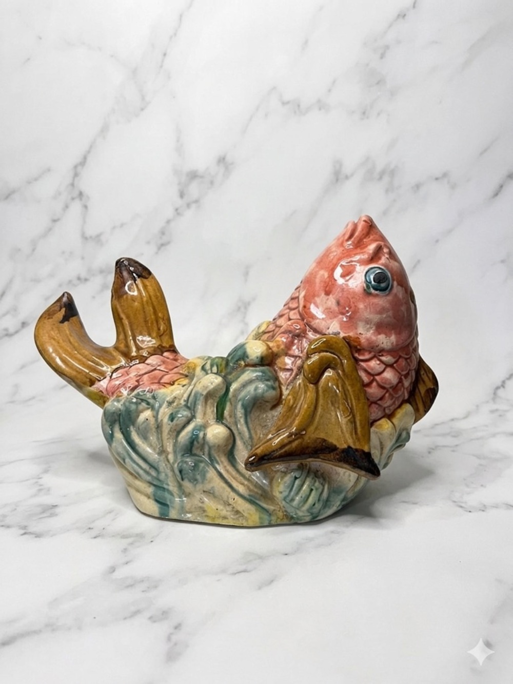 Vintage Chinese Porcelain LUCKY KOI Fish Wave Figurine Hand Painted